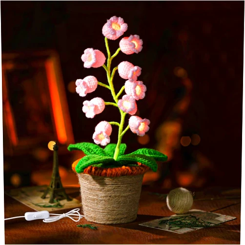 ANZRLE Lily of The Valley Lamp, Pink Crochet Artificial Flowers with Night Lights, Table Lamp with USB Port -Birthday Gifts for Women,Cozy Home Decor Mothers Day Gifts