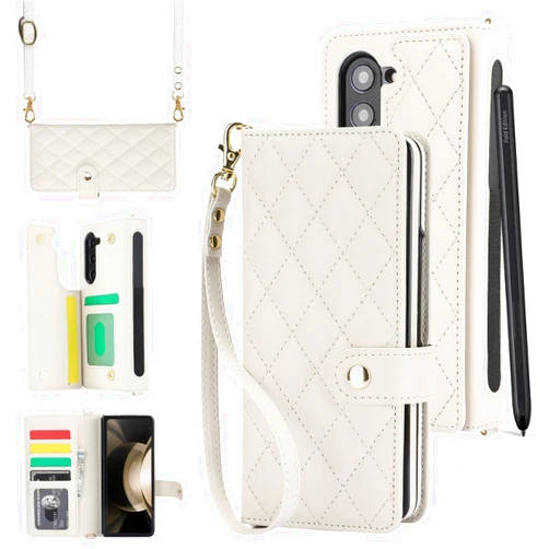 NINKI Compatible for Samsung Galaxy Z Fold 6 Wallet Case with S Pen Holder,4 Card Holder & Strap Flip Stand Leather Case for Samsung Z Fold 6 Case for Samsung Galaxy Z Fold 6 5G Phone Case Women White