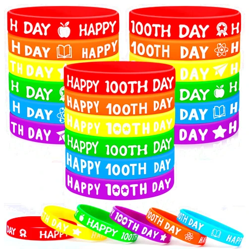 JUNEBRUSHS Happy 100th Day Silicone Wristbands, 42pcs 100 Days of School Colorful Silicone Bracelets Rubber Wristbands for Kindergarten Teacher Student Rewards Party Gift Decorations Supplies