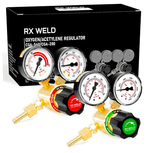RX WELD Oxygen and Acetylene Regulators, CGA540 and CGA200, Compatible with V-Style Welding Gas Torch Cutting - PC Handle