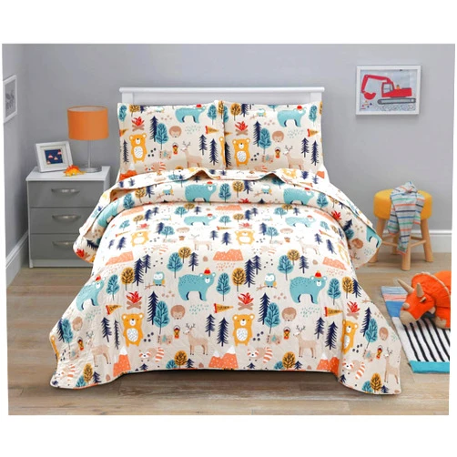 Junsey Kids Quilt Twin Size Bear Bedding Set,3Pcs Forest Trees Bedspread Animals Coverlets, Lightweight Reversible Cartoon Quilts Deer Owl Bedding Pillow Shams