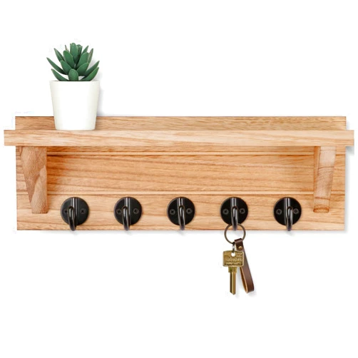 Lwenki Wall Key Holder with Shelf, Rustic Shelf with Hooks Made of Paulownia Wood Holds Keys, Dog Leash, Bags and More - 13.7