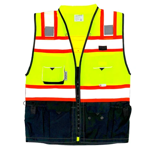 REXZUS Vero1992 (C) Vest Mens Class 2 Black Series Safety Vest With Zipper and Utility Pockets Premium Black Series Surveyors Vest (XX-Large, Yellow/Black)
