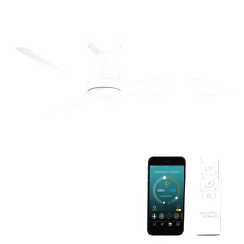 Modern Forms Skylark Indoor and Outdoor 3-Blade 54in Smart Flush Mount Ceiling Fan Matte White with 2700K-3000K-4000K-5000K Selectable LED Light Kit and Remote Control works with iOS or Android App