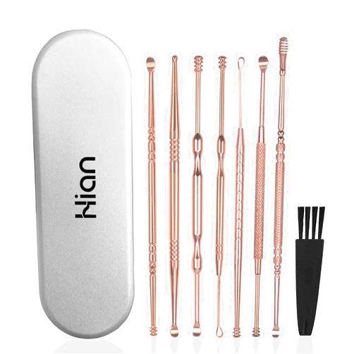 Hion 8 Pcs Ear Wax Removal Kit,Professional Double-Headed Ear Pick Earwax Removal Tools,316L Stainless Steel Ear Cleaner Curette with Cleaning Brush and Storage Box,Suit for Kid Adult(Rose Gold)