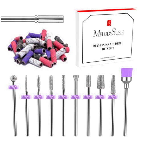 MelodySusie Nail Drill Bits, 10Pcs Diamond Sanding Bit Set with 40pcs Small Sanding Bands (#120#180#240 Grits) with 3.1mm Mandrel Bit, Nail Gel Polish Remover Tool for Acrylic Nails Manicure Nail Prep