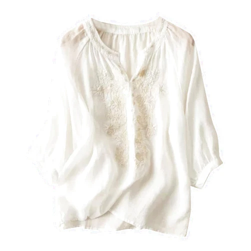 Bawilom Cotton Linen Tops for Women Summer Casual 3/4 Sleeve T Shirts Lightweight Ethnic Style Embroidery Blouses Tees