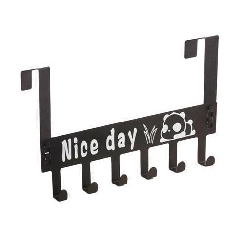 Quekas Over The Door Hook Hanger - 6 Hooks Over Door Coat Rack Removable Black Frosted Hook with Cute Panda Pattern for Hanging Clothes Hat Towel