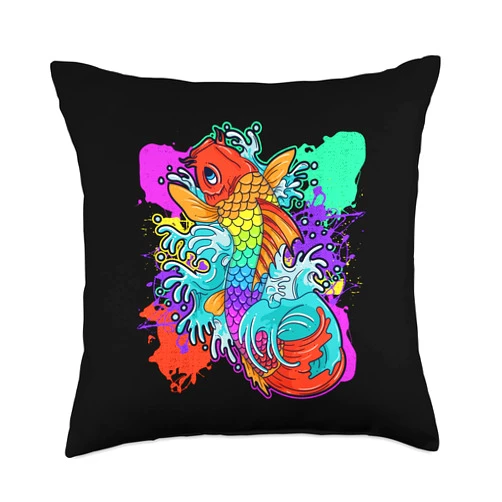 RAINBOW KOI FISH ART APPAREL Rainbow Koi Fish Cool Japanese Tattoo Jinli Japan Coi Carp Throw Pillow, 18x18, Multicolor