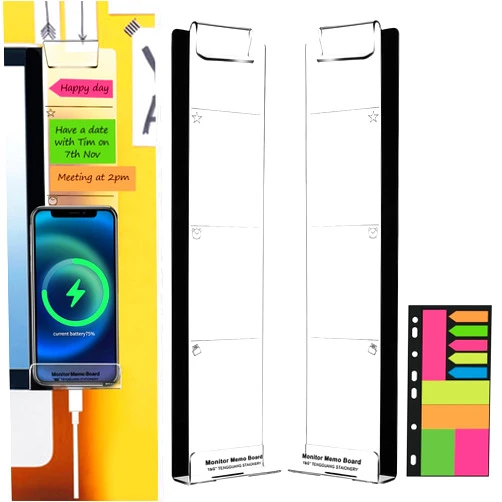 OSPNIEEK Monitor Memo Boards for Computer, Set of 2 (Left & Right) Multifunction Acrylic Screen Message Reminder Pad Side Panels Phone Holder - Utility Organizer for Office Desktop, Gift of 1 Pack Sticky Notes