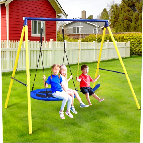 Hcduvso Saucer Swing with Stand for Kids Outdoor, Metal A-Frame and Adjustable Ropes Round Swing Sets for Backyard, Swing Set with Heavy-Duty 440lbs