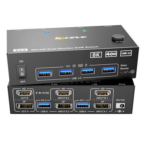Camgeet HDMI + Displayport KVM Switch 2 Monitors 2 Computers 8K@60Hz 4K@144Hz, Camgeet Dual Monitor KVM Switch with 4 USB 3.0 Port for Keyboard Mouse Printer,Wired Remote,Power Adapter and USB Cables Included