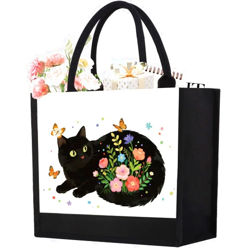 GevGuxLuo Canvas Tote Bag for Women, Cute Cat Gifts for Black Cat Lovers, Animal Lover Gift Aesthetic Cats Beach Bag Reusable Grocery Bag, Birthday Christmas Gift for Daughter Friends Sisters Bestie