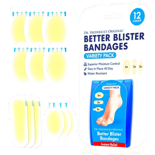 Dr. Frederick's Original Better Blister Bandages - 12ct - Water Resistant - 25% More Cushioning - Hydrocolloid Bandages for Foot, Toe, & Heel - Blister Pads for Prevention & Recovery - Variety Pack