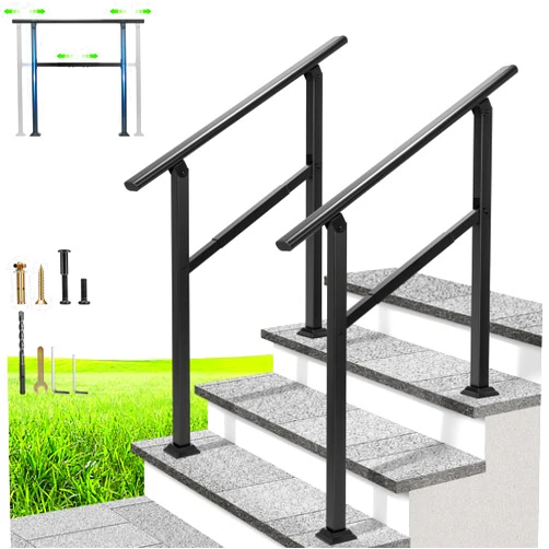 VIVOHOME Adjustable Outdoor Handrails - Durable Galvanized Steel, Black Oval Design for Porch, Deck & Stairs, 2-Pack for 3 Steps