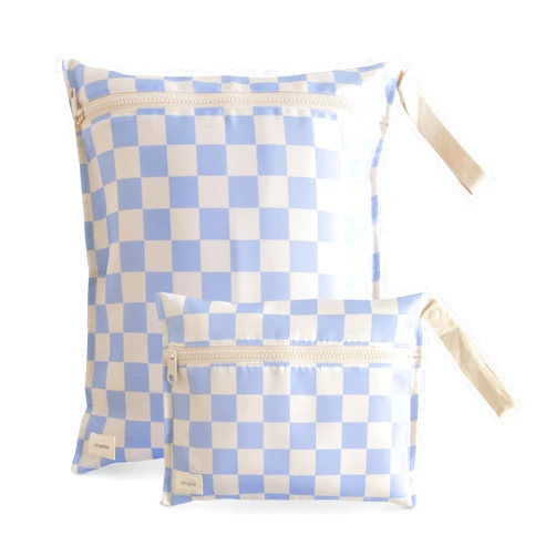 mushie Water Resistant Wet Bags | Large & Small Reusable Storage Bag for Baby Items and Travel | Zippered Pockets with Handle | Machine Washable, Set of 2 (Blue Check)