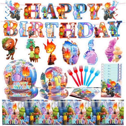 Milomelo Elemental Party Decorations Tableware Set，Elemental Birthday Party Decorations Include Banner Hanging Swirls, Plates, Forks, Tablecloth, Napkins, Movie Party Supplies