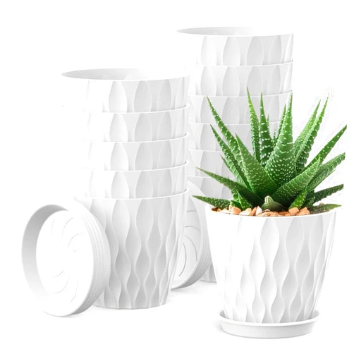 UOUZ 12 Pack 4 Inch Small Plant Pots with Saucers, Waffle Texture Plastic Planters with Drainage Holes for Indoor and Outdoor Plants, Flowers, Herbs, Succulents, and Seedlings, White