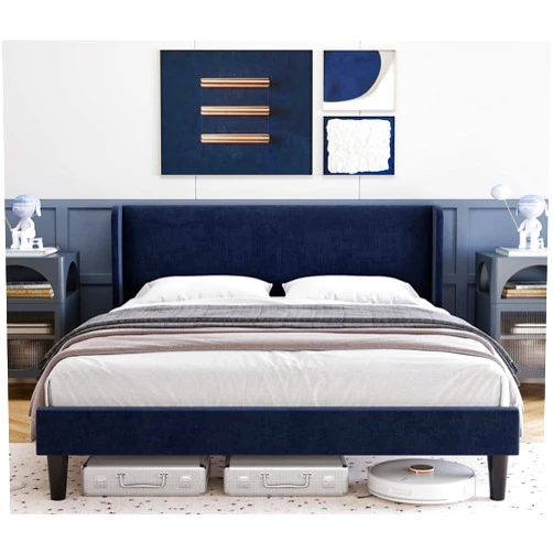 Homhougo Queen Bed Frame with Wingback & Headboard, Upholstered Velvet Platform Bed with 2 Storage Pockets, Strong Wooden Slat Support, Easy Assembly, Box Spring Optional, Blue