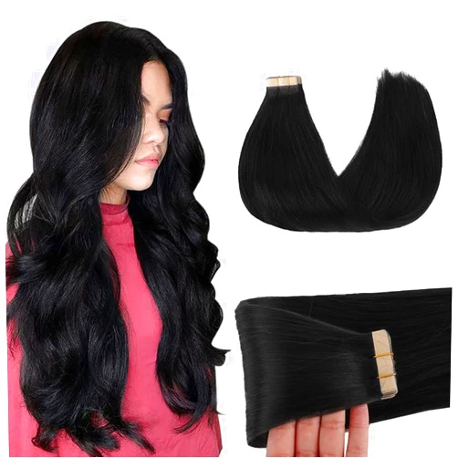 GOO GOO Tape in Hair Extensions Human Hair, 1 Jet black, 20inch 50g 20pcs, Thick Ends Straight Seamless Tape in, Invisible Tape in Hair Extensions Human Hair