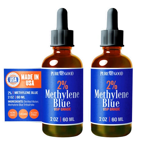 PureGood 2 Pack Methylene Blue 2% Solution (60 mL) – Pharmaceutical Grade, USP-Grade, Third-Party Tested, Formaldehyde and Alcohol Free, Amber Dropper Bottles