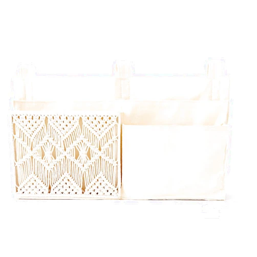 Mkono Bedside Caddy Hanging Organizer, Bunk Woven 7 Pockets Bed Storage Bag Boho Remote Magazine Books Holder with Macrame for Loft Bed College Dorm Bedroom Baby Bed Rails, Ivory