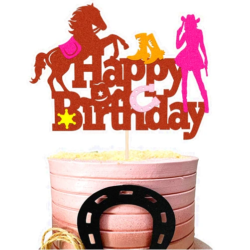 WishFirst Glitter Horse Cowgirl Happy Birthday Cake Topper for Western Cowgirl or Cowboy Birthday Themed Cake Decorations Teenager Girls Boy's Gift Birthday Party Supplies