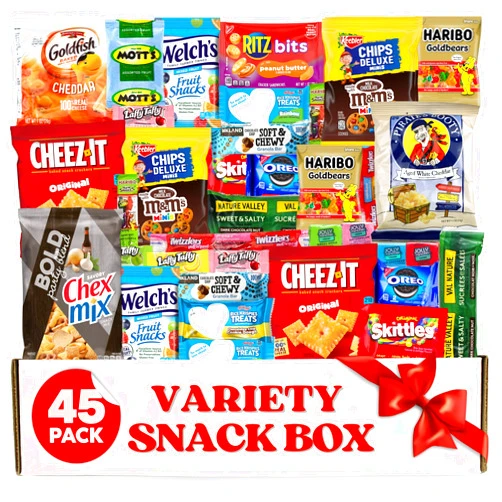 Taboom Snack Box (45 Pieces) Gift Care Package Basket for Adults Kids Office College - Perfect for Birthdays Holidays - Packed in a Beautiful Gift Box