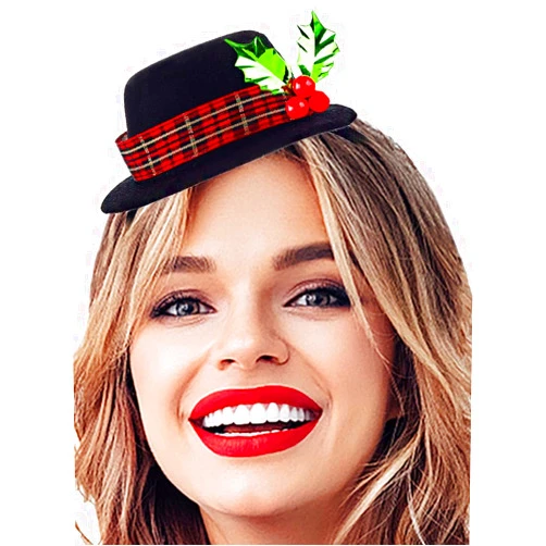 Firuilo Christmas Snowman Headband Black Mini Top Hat Hairbands Christmas Mistletoe Head Hoops with Plaid Band Holly and Berries for women (Style-B, One Size)