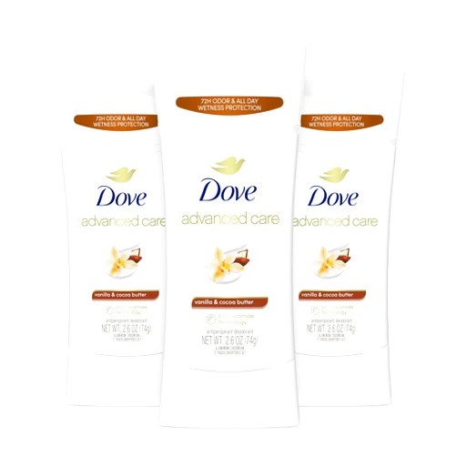 Dove Advanced Care Antiperspirant Deodorant Stick Vanilla & Cocoa Butter 3 Count Antiperspirant deodorant with Pro-Ceramide Technology 72-hour odor control and all-day sweat protection 2.6 oz