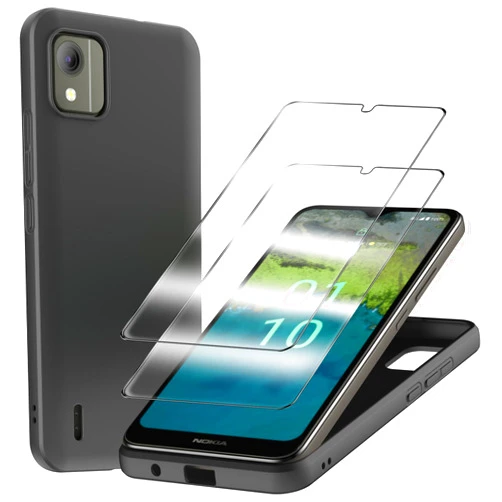 RYKQ for Nokia C110 N156DL Case and 2 Pack Tempered Glass Screen Protector, Slim Silicone Shockproof Protective Case Cover - Black