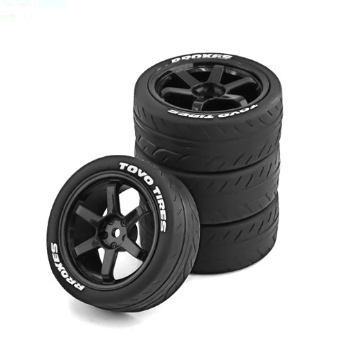 Chanmoo 1/10 RC Rally Racing Tires Rubber On Road Car Tyres and Plastic Wheels Rims 12mm Hex for 1:10 Scale RC Drift Car Tamiya HPI KYOSHO XV02 XV01 TA06 TT01 TT02 PTG2 RC On-Road Car 4PCS (Black)