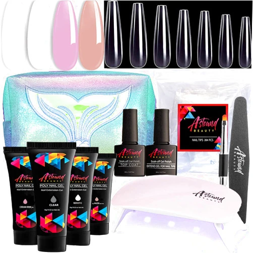 Astound Beauty Nail Tips and Glue Gel Lazy Girl Polygel Kit - 3 in 1 Nail Glue and Base Coat, Coffin Nail Tips with UV Lamp - All-in-One Polygel Nail Kit