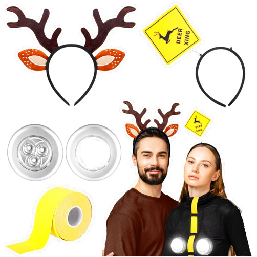 CraftyDream 5 Pcs Deer and Headlights Couples Halloween Costume Pun Play on Words Adult Funny Couples Halloween Costumes Antler and Deer Xing Headband Yellow Tape Stick on Push Lights