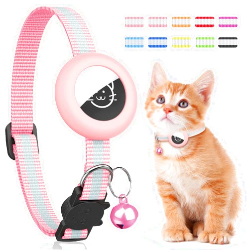 Hoeraonr 1Pack Airtag Cat Collar, Reflective Apple Airtag Cat Collar Holder with Bell, Silicone Waterproof Airtag Case Beautiful Cat Collar for Kitten Puppy Compatible (Pink)