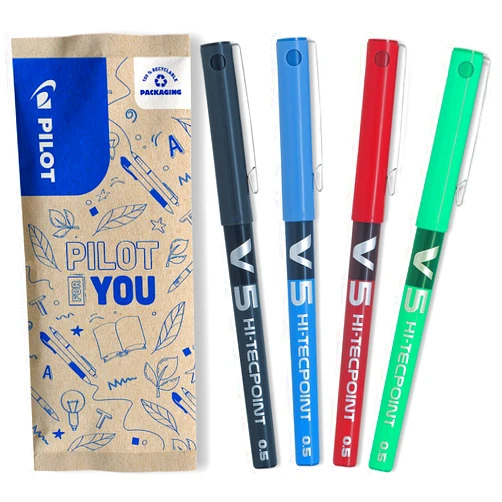 Pilot - Set of 4 V5 Liquid Ink Rollerball 0.5mm - Black, Blue, Red, Green - Fine Tip