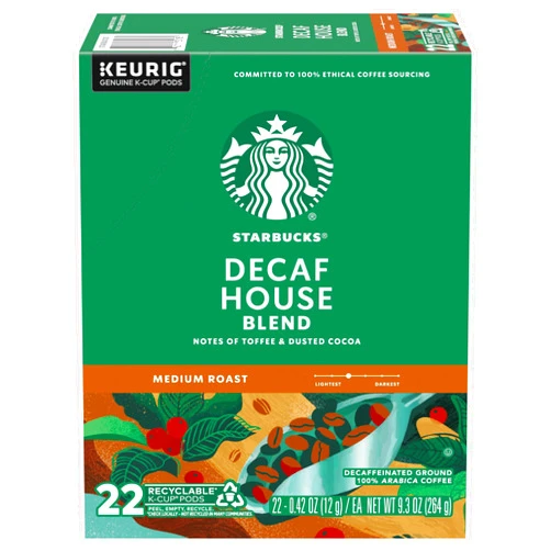 Starbucks K-Cup Coffee Pods, Medium Roast Coffee, Decaf House Blend for Keurig Coffee Makers, 100% Arabica, 1 box (22 pods)