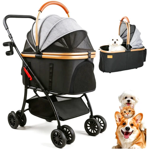 Ioboneed Pet Stroller for Small Medium Dogs & Cats – 3-in-1 Detachable Carrier, Zipperless Entry, Lightweight Folding Travel Stroller with Storage Basket, Cup Holder, Gray