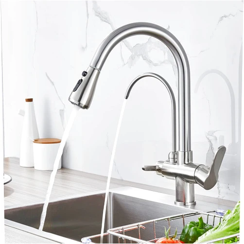 POPFLY Kitchen Faucet with Drinking Water Faucet, 3 in 1 Water Filter Purifier Faucet 2 Handles with Pull Down Sprayer, Brushed Nickel