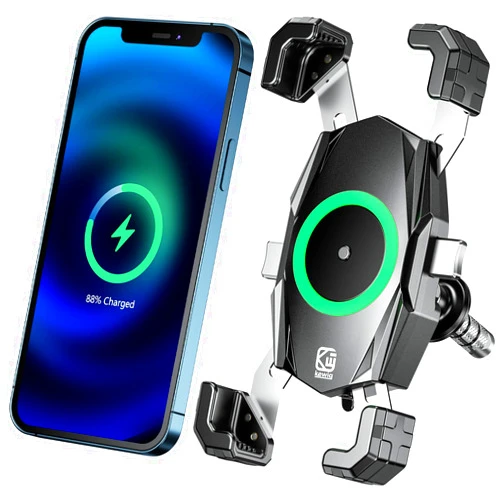 Kewig Motorcycle Fork Stem Phone Mount with Qi 15W Wireless Charger & USB C 20W Fast Charging Port, One-Push Automatically Lock & Quick Release Waterproof Handlebar Phone Holder for 4.0-6.9
