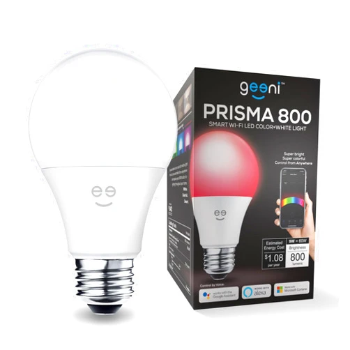 Geeni PRISMA 800 2700K Dimmable A19, 60W equivalent Color Changing RGBW LED Smart Wifi Light Bulb, Works with Alexa and Google Home, No Hub Required, Requires 2.4GHz Wifi (1 Pack)