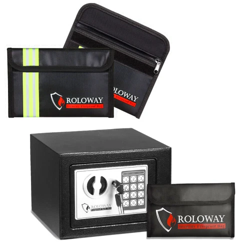ROLOWAY Steel Safe Box with Fireproof Money Bag (Silver Panel) & Fireproof Money Bags with Reflective Strip (Black)