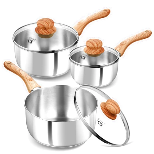 KOCH SYSTEME CS Stainless Steel Saucepan Set, 6 Piece Stainless Steel Sauce Pan 1QT & 2QT & 3QT with heat-resistant Bakelite Handle, Cool-Touch Stainless Steel Pot Set, Sauce Pans Induction Ready