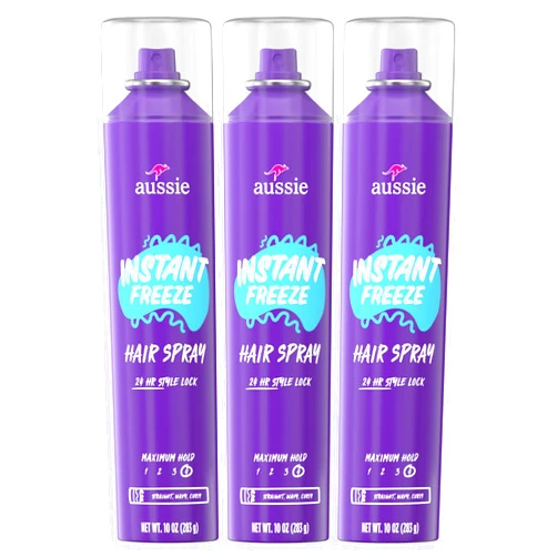 Aussie Instant Freeze Hair Spray for Extreme Hold, Infused with Jojoba Oil & Sea Kelp, Long-Lasting All-Day Hold, Fresh Citrus Scent, Safe for All Hair Types, 10 Fl Oz, 3 Pack