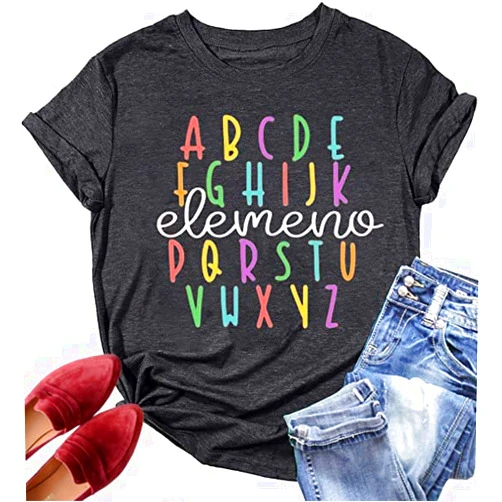 Weokwock Teacher Shirt ABC Alphabet Elemeno Women Letter Print Graphic Tee Tops Teachers Gift Student T-Shirt Blouse