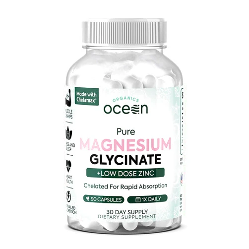 Organics Ocean Pure Magnesium Glycinate with Zinc - Maximum Strength Chelated Magnesium Supplement for Women and Men for Muscle Cramps and Sleep Support - 90 Capsules
