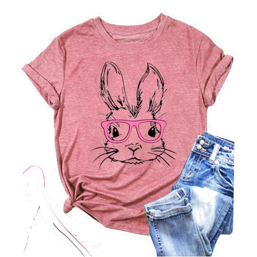 Ovazly Funny Bunny Print T Shirt for Women Cute Grapic Leopard Shirts Family Blouse Gifts Easter Tops Tee