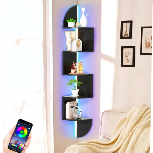 Waipfaru Corner Shelf, 5 Tier Bookshelf with LED Light, Corner Shelf Wall Mounted, Floating Shelves for Wall, Display Stand for Bedroom, Living Room, Bathroom, Home, Office, Black
