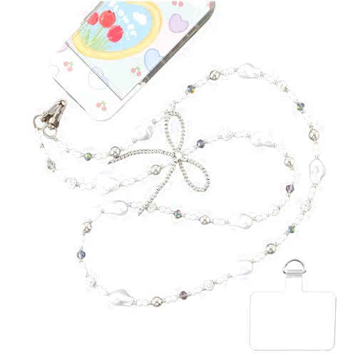 Turkalla Phone Chain Crossbody Pearl Strap,Pearl Beaded Chain Shoulder Crossbody Lanyard with Phone Tether Patches Compatible with Most Phones Bag Purse(G)