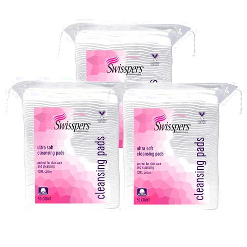 Swisspers Premium Facial Cleansing Pad, 100% Cotton, Ultra Soft, Extra Large, 50 White Pads per Reclosable Bag, 3 Bags (150 Pads Total)